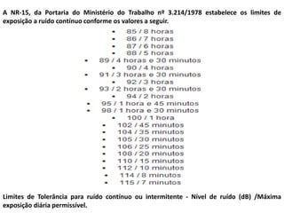 A NR-15, da Portaria do Ministério do Trabalho nº 3.214/1978 estabelece os limites de
exposição a ruído contínuo conforme os valores a seguir.

Limites de Tolerância para ruído contínuo ou intermitente - Nível de ruído (dB) /Máxima
exposição diária permissível.

 