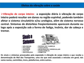 Efeitos da vibração sobre a saúde
Vibração de corpo inteiro: a exposição diária à vibração de corpo
inteiro poderá resultar em danos na região espinhal, podendo também
afetar o sistema circulatório e/ou urológico, além do sistema nervoso
central. Sintomas de distúrbios freqüentemente aparecem durante ou
logo após a exposição sob a forma de fadiga, insônia, dor de cabeça e
tremor.

Os sinais e sintomas provocados pela exposição à vibração de corpo inteiro e que recebe a
denominação de Mal dos Transportes, uma vez que está associada a veículos em geral, tais
como navios, caminhões, trens, plataformas, entre outros..

 