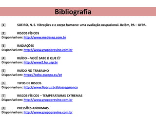 Bibliografia
[1]

SOEIRO, N. S. Vibrações e o corpo humano: uma avaliação ocupacional. Belém, PA – UFPA.

[2]
RISCOS FÍSICOS
Disponível em: http://www.medeseg.com.br

[3]
RADIAÇÕES
Disponível em: http://www.grupoprevine.com.br
[4]
RUÍDO – VOCÊ SABE O QUE É?
Disponível em: http://www2.hu.usp.br
[5]
RUÍDO NO TRABALHO
Disponível em: https://osha.europa.eu/pt
[6]
TIPOS DE RISCOS
Disponível em: http://www.fiocruz.br/biosseguranca
[7]
RISCOS FÍSICOS – TEMPERATURAS EXTREMAS
Disponível em: http://www.grupoprevine.com.br
[8]
PRESSÕES ANORMAIS
Disponível em: http://www.grupoprevine.com.br

 