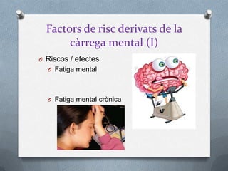 Factors de risc derivats de la
càrrega mental (I)
O Riscos / efectes
O Fatiga mental
O Fatiga mental crònica
 