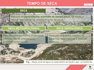 Fig. – Baixo nível de água no reservatório de South Lake, na Califórnia.
Pág. 74
TEMPO DE SECA
Período mais ou menos prolongado
com valores de precipitação
anormalmente baixos.
SECA
Período de persistência anómala de tempo seco, de modo a
causar problemas no abastecimento de água.
SECA METEOROLÓGICA SECA HIDROLÓGICA
Redução dos níveis médios da
água nos reservatórios e toalhas
freáticas.
 