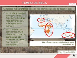 Fig. – Seca, Austrália.
Pág. 75
TEMPO DE SECA
As regiões mais afetadas pelas secas, além das zonas de deserto, são:
Fig. – Áreas de maior incidência de secas
meteorológicas.
 as de clima tropical
seco (ex.: África
Oriental) e de clima
mediterrâneo (ex.:
sul da península
Ibérica);
 as do interior dos
continentes, muito
afastadas do mar ou
protegidas por
barreiras de relevo
(ex.: sudeste
australiano).
 
