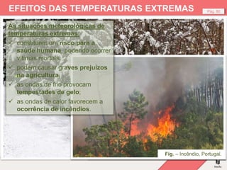 Fig. – Tendas de pessoas sem abrigo, Viena.
Pág. 80
EFEITOS DAS TEMPERATURAS EXTREMAS
Fig. – Tempestade de neve, Finlândia.
Fig. – Campo de milho afetado pela seca, Sérvia.
Fig. – Incêndio, Portugal.
As situações meteorológicas de
temperaturas extremas:
 constituem um risco para a
saúde humana, podendo ocorrer
vítimas mortais;
 podem causar graves prejuízos
na agricultura,
 as ondas de frio provocam
tempestades de gelo;
 as ondas de calor favorecem a
ocorrência de incêndios.
 