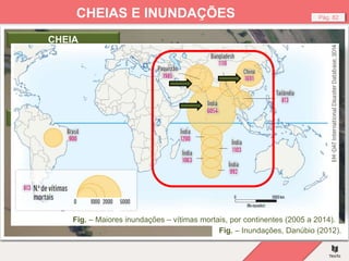 Fig. – Galgamento da água do mar, Inglaterra.
Fig. – Inundações, Danúbio (2012).
Pág. 82
CHEIAS E INUNDAÇÕES
Um fenómeno hidrológico extremo, de frequência variável, natural
ou induzido pela ação humana, que consiste no transbordo de um
curso de água relativamente ao seu leito normal, originando a
inundação dos terrenos ribeirinhos (leito de cheia).
CHEIA
Fenómeno hidrológico extremo, de frequência variável, natural
(devido a cheia ou galgamento da água do mar) ou induzido pela
ação humana, que consiste na submersão de uma área
usualmente emersa.
INUNDAÇÃO
Fig. – Maiores inundações – vítimas mortais, por continentes (2005 a 2014).
 
