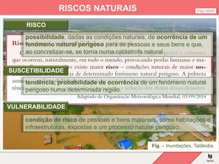 Fig. – Inundações, Tailândia.
Pág. 66/67
RISCOS NATURAIS
possibilidade, dadas as condições naturais, de ocorrência de um
fenómeno natural perigoso para as pessoas e seus bens e que,
ao concretizar-se, se torna numa catástrofe natural.
RISCO
SUSCETIBILIDADE
VULNERABILIDADE
tendência, probabilidade de ocorrência de um fenómeno natural
perigoso numa determinada região.
condição de risco de pessoas e bens materiais, como habitações e
infraestruturas, expostas a um processo natural perigoso.
 