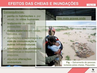 Fig. – Casa destruída pelas cheias, Tailândia.
Pág. 84
EFEITOS DAS CHEIAS E INUNDAÇÕES
São mais graves onde
existe:
 leitos de cheia
ocupados com
construções para
habitação ou outros fins;
 solos muito
impermeabilizados,
como nas cidades;
 falta de cobertura
vegetal em terrenos
com algum declive,
Fig. – Inundação numa mina a céu aberto, Sérvia.
Fig. – Rio Leine, Alemanha.
Fig. – Carro levado pela água.
Fig. – Salvamento de pessoas
isoladas pelas cheias, Paquistão.
Consequências:
 perda de habitações e, por
vezes, de vidas humanas;
 isolamento de casas e
povoações;
 danos materiais em casas,
veículos, etc.;
 inundações e/ou estragos em
vias de comunicação e
outras infraestruturas;
 interrupção das atividades
económicas e respetivos
prejuízos;
 algumas alterações
ambientais.
 