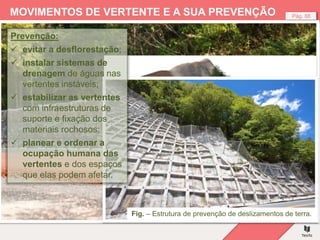 Fig. – Estrutura de prevenção de deslizamentos de terra.
Pág. 88
MOVIMENTOS DE VERTENTE E A SUA PREVENÇÃO
Fig. – Principais infaestruturas de prevenção dos movimentos
de vertente.
Fig. – Estrutura de prevenção de deslizamentos de terra.
Prevenção:
 evitar a desflorestação;
 instalar sistemas de
drenagem de águas nas
vertentes instáveis;
 estabilizar as vertentes
com infraestruturas de
suporte e fixação dos
materiais rochosos;
 planear e ordenar a
ocupação humana das
vertentes e dos espaços
que elas podem afetar.
 