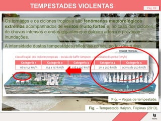 Fig. – Tempestade Haiyan, Filipinas (2013).
Pág. 69
TEMPESTADES VIOLENTAS
Os tornados e os ciclones tropicais são fenómenos meteorológicos
extremos acompanhados de ventos muito fortes e, no caso dos ciclones,
de chuvas intensas e ondas gigantes que galgam a terra e provocam
inundações.
A intensidade destas tempestades reflete-se no seu poder destrutivo.
Fig. – Vagas de tempestade.
 