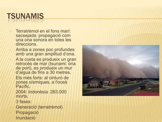 TSUNAMISTerratrèmol en el fons marí: sacsejada: propagació com una ona sonora en totes les direccions. 