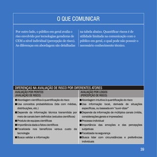 3939
DIFERENÇAS NA AVALIAÇÃO DE RISCO POR DIFERENTES ATORESDIFERENÇAS NA AVALIAÇÃO DE RISCO POR DIFERENTES ATORES
O QUE COMUNICARO QUE COMUNICAR
Por outro lado, o público em geral avalia o
riso envolvido por tecnologias geradoras de
CEM a nível individual (percepção de risco).
As diferenças em abordagem são detalhadas
na tabela abaixo. Quantificar riscos é de
utilidade limitada na comunicação com o
público em geral, o qual pode não possuir o
necessário conhecimento técnico.
AVALIAÇÃO POR PERITOS
(AVALIAÇÃO DE RISCO)
AVALIAÇÃO POR PERITOS
(AVALIAÇÃO DE RISCO)
AVALIAÇÃO POR LEIGOS
(PERCEPÇÃO DE RISCO)
AVALIAÇÃO POR LEIGOS
(PERCEPÇÃO DE RISCO)
+Abordagem científica à quantificação do risco
+Usa conceitos probabilísticos (lida com médias,
distribuições, etc.)
+Depende da informação técnica transmitida por
meio de canais bem definidos (estudos científicos)
+Produto de equipes científicas
+Importância dada a fatos científicos
+Focalizada nos benefícios versus custo da
tecnologia
+Busca validar a informação
Abordagem científica à quantificação do risco
Usa conceitos probabilísticos (lida com médias,
distribuições, etc.)
Depende da informação técnica transmitida por
meio de canais bem definidos (estudos científicos)
Produto de equipes científicas
Importância dada a fatos científicos
Focalizada nos benefícios versus custo da
tecnologia
Busca validar a informação
+
+
+
+
+
+
+Abordagem intuitiva à quantificação do risco
+Usa informação local, derivada de situações
específicas, ou baseada em “ouvir-dizer”
+Depende da informação de múltiplos canais (mídia,
considerações gerais e impressões)
+Processo individual
+Importância das emoções e das percepções
subjetivas
+Focalizada na segurança
+Busca lidar com circunstâncias e preferências
individuais
+Abordagem intuitiva à quantificação do risco
+Usa informação local, derivada de situações
específicas, ou baseada em “ouvir-dizer”
+Depende da informação de múltiplos canais (mídia,
considerações gerais e impressões)
+Processo individual
+Importância das emoções e das percepções
subjetivas
+Focalizada na segurança
+Busca lidar com circunstâncias e preferências
individuais
 