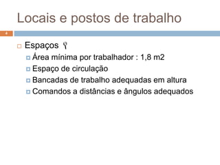 Locais e postos de trabalho
4


       Espaços 
         Áreamínima por trabalhador : 1,8 m2
         Espaço de circulação

         Bancadas de trabalho adequadas em altura

         Comandos a distâncias e ângulos adequados
 
