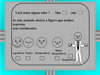 Agradável Neutro Desagradável
Muito
desagradável
Você sente algum odor ? Sim não
Se sim, assinale abaixo a figura que melhor
expressa
seus sentimentos.
Insuportável
 
