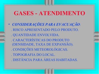 GASES - ATENDIMENTO
• CONSIDERAÇÕES PARA EVACUAÇÃO:
. RISCO APRESENTADO PELO PRODUTO.
. QUANTIDADE ENVOLVIDA.
. CARACTERÍSTICAS DO PRODUTO
(DENSIDADE, TAXA DE EXPANSÃO).
. CONDIÇÕES METEOROLÓGICAS.
. TOPOGRAFIA DO LOCAL.
. DISTÂNCIA PARA ÁREAS HABITADAS.
 
