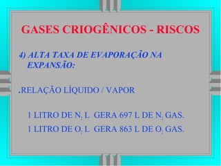 GASES CRIOGÊNICOS - RISCOS
4) ALTA TAXA DE EVAPORAÇÃO NA
EXPANSÃO:
.RELAÇÃO LÍQUIDO / VAPOR
1 LITRO DE N2 L GERA 697 L DE N2 GAS.
1 LITRO DE O2 L GERA 863 L DE O2 GAS.
 