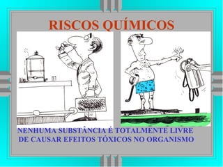 RISCOS QUÍMICOS
NENHUMA SUBSTÂNCIA É TOTALMENTE LIVRE
DE CAUSAR EFEITOS TÓXICOS NO ORGANISMO
 