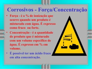 Corrosivos - Força/Concentração
• Força - é a % de ionização que
ocorre quando um produto é
misturado com água. É expresso
como fraco ou forte.
• Concentração - é a quantidade
de produto que é misturado
com um volume específico de
água. É expresso em % em
volume.
• É possível ter um ácido fraco
em alta concentração.
 