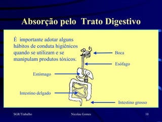 Absorção pelo Trato Digestivo
É importante adotar alguns
hábitos de conduta higiênicos
quando se utilizam e se                   Boca
manipulam produtos tóxicos.
                                          Esófago

               Estómago



   Intestino delgado

                                           Intestino grosso

SGR/Trabalho              Nicolau Gomes                   10
 