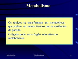 Metabolismo


  Os tóxicos se transformam em metabólicos,
  que podem ser menos tóxicos que as sustâncias
  de partida.
  O figado pode ser o órgão mas ativo no
  metabolismo.




SGR/Trabalho          Nicolau Gomes               13
 