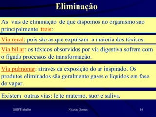 Eliminação
As vías de eliminação de que dispomos no organismo sao
principalmente treis:
Vía renal: pois são as que expulsam a maioría dos tóxicos.
Vía biliar: os tóxicos obsorvidos por vía digestiva sofrem com
o fígado processos de transformação.

Vía pulmonar: através da exposição do ar inspirado. Os
produtos eliminados são geralmente gases e líquidos em fase
de vapor.
Existem outras vías: leite materno, suor e saliva.

    SGR/Trabalho            Nicolau Gomes               14
 
