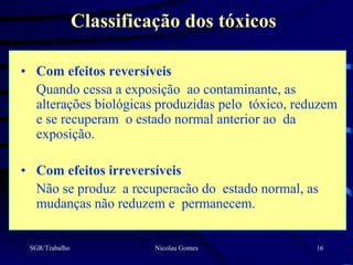 Classificação dos tóxicos

• Com efeitos reversíveis
  Quando cessa a exposição ao contaminante, as
  alterações biológicas produzidas pelo tóxico, reduzem
  e se recuperam o estado normal anterior ao da
  exposição.

• Com efeitos irreversíveis
  Não se produz a recuperacão do estado normal, as
  mudanças não reduzem e permanecem.


 SGR/Trabalho             Nicolau Gomes            16
 