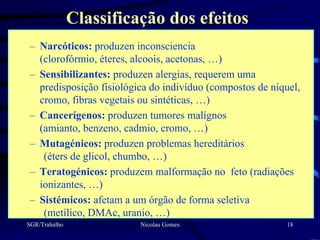 Classificação dos efeitos
– Narcóticos: produzen inconsciencia
  (clorofórmio, éteres, alcoois, acetonas, …)
– Sensibilizantes: produzen alergias, requerem uma
  predisposição fisiológica do indivíduo (compostos de níquel,
  cromo, fibras vegetais ou sintéticas, …)
– Cancerígenos: produzen tumores malígnos
  (amianto, benzeno, cadmio, cromo, …)
– Mutagénicos: produzen problemas hereditários
   (éters de glicol, chumbo, …)
– Teratogénicos: produzem malformação no feto (radiações
  ionizantes, …)
– Sistémicos: afetam a um órgão de forma seletiva
   (metílico, DMAc, uranio, …)
SGR/Trabalho             Nicolau Gomes                    18
 