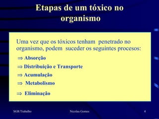 Etapas de um tóxico no
                     organismo

 Uma vez que os tóxicos tenham penetrado no
 organismo, podem suceder os seguintes procesos:
  ⇒ Absorção
  ⇒ Distribuição e Transporte
  ⇒ Acumulação
  ⇒ Metabolismo
  ⇒ Eliminação


SGR/Trabalho           Nicolau Gomes               4
 