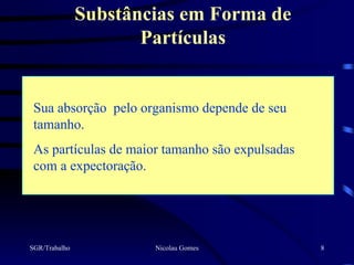 Substâncias em Forma de
                      Partículas


 Sua absorção pelo organismo depende de seu
 tamanho.
 As partículas de maior tamanho são expulsadas
 com a expectoração.




SGR/Trabalho           Nicolau Gomes             8
 