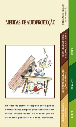 O FENÓMENO SÍSMICO
                                             E SUA DIMENSÃO
MEDIDAS DE AUTOPROTECÇÃO




                                           E MICROZONAGEM SÍSMICA
                                            ZONAS SISMOGENÉTICAS



                                                                    ANTES
                                           EDIFICADO E REGULAMEN-
                                             TAÇÃO ANTI-SÍSMICA


                                                                    DURANTE
                                           CENÁRIOS SÍSMICOS




Em caso de sismo, o respeito por algumas
                                               DE DANOS




normas muito simples pode constituir um
                                                                    DEPOIS




factor determinante na diminuição de

acidentes pessoais e danos materiais.
 