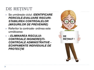 DE REȚINUT
 Se urmărește ciclul: IDENTIFICARE
PERICOLE-EVALUARE RISCURI-
STABILIREA CONTROALELOR
(MĂSURILOR DE PREVENIRE)
 Referitor la controale- ordinea este
următoarea:
 - ELIMINAREA RISCULUI-
CONTROALE INGINEREȘTI-
CONTROALE ADMINISTRATIVE -
ECHIPAMENTE INDIVIDUALE DE
PROTECȚIE
DE
REȚINUT
!
DE
REȚINUT !
 
