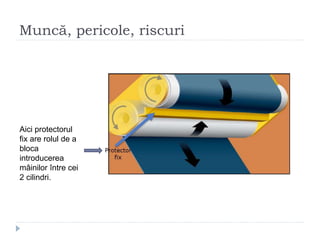 Muncă, pericole, riscuri
Aici protectorul
fix are rolul de a
bloca
introducerea
mâinilor între cei
2 cilindri.
 