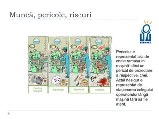 Muncă, pericole, riscuri
Pericolul e
reprezentat aici de
cheia rămasă în
mașină- deci un
pericol de proiectare
a respectivei chei.
Actul nesigur e
reprezentat de
staționarea colegului
operatorului lângă
mașină fără să fie
atent.
 