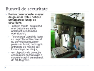 Funcții de securitate
 Pentru cazul acestei mașini
de găurit ar trebui definite
următoarele funcții de
securitate:
 -oprirea rapidă- cu ajutorul
unui buton care să fie
amplasat la îndemâna
operatorului;
 -”ecranarea” zonei de lucru-
cu un protector fix- care să
nu permită eventualelor
piese sau bucăți de burghiu
antrenate de mașină să-i
lovească pe cei din jur;
 -un dispozitiv de protecție
contra rotirii necontrolate a
corpului mașinii cu mai mult
de 10-15 grade.
 