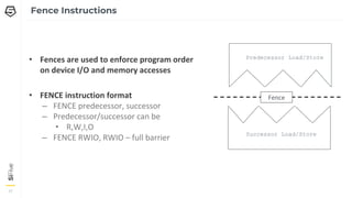 17
17
17
Fence Instructions
• Fences are used to enforce program order
on device I/O and memory accesses
• FENCE instruction format
– FENCE predecessor, successor
– Predecessor/successor can be
• R,W,I,O
– FENCE RWIO, RWIO – full barrier
Predecessor Load/Store
Fence
Successor Load/Store
 