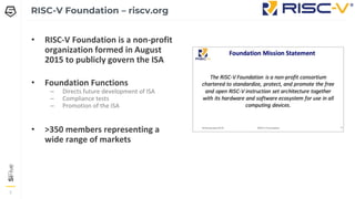 3
3
3
RISC-V Foundation – riscv.org
• RISC-V Foundation is a non-profit
organization formed in August
2015 to publicly govern the ISA
• Foundation Functions
– Directs future development of ISA
– Compliance tests
– Promotion of the ISA
• >350 members representing a
wide range of markets
 