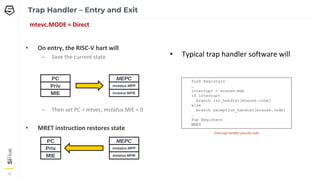 33
33
33
• On entry, the RISC-V hart will
– Save the current state
– Then set PC = mtvec, mstatus.MIE = 0
• MRET instruction restores state
Trap Handler – Entry and Exit
• Typical trap handler software will
PC
Priv
MIE
MEPC
mstatus.MPP
mstatus.MPIE
Push Registers
…
interrupt = mcause.msb
if interrupt
branch isr_handler[mcause.code]
else
branch exception_handler[mcause.code]
…
Pop Registers
MRET
Interrupt handler pseudo code
mtevc.MODE = Direct
PC
Priv
MIE
MEPC
mstatus.MPP
mstatus.MPIE
 