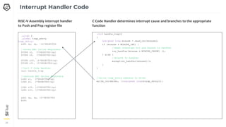 34
34
34
.align 2
.global trap_entry
trap_entry:
addi sp, sp, -16*REGBYTES
//store ABI Caller Registers
STORE x1, 0*REGBYTES(sp)
STORE x5, 2*REGBYTES(sp)
…
STORE x30, 14*REGBYTES(sp)
STORE x31, 15*REGBYTES(sp)
//call C Code Handler
call handle_trap
//restore ABI Caller Registers
LOAD x1, 0*REGBYTES(sp)
LOAD x5, 2*REGBYTES(sp)
…
LOAD x30, 14*REGBYTES(sp)
LOAD x31, 15*REGBYTES(sp)
addi sp, sp, 16*REGBYTES
mret
Interrupt Handler Code
void handle_trap()
{
unsigned long mcause = read_csr(mcause);
if (mcause & MCAUSE_INT) {
//mask interrupt bit and branch to handler
isr_handler[mcause & MCAUSE_CAUSE] ();
} else {
//branch to handler
exception_handler[mcause]();
}
}
//write trap_entry address to mtvec
write_csr(mtvec, ((unsigned long)&trap_entry));
RISC-V Assembly interrupt handler
to Push and Pop register file
C Code Handler determines interrupt cause and branches to the appropriate
function
 