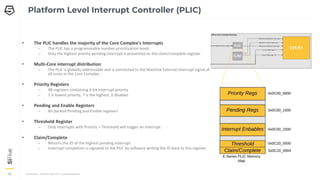 CONFIDENTIAL – COPYRIGHT 2018 SIFIVE. ALL RIGHTS RESERVED.
38
38
38
Platform Level Interrupt Controller (PLIC)
• The PLIC handles the majority of the Core Complex’s Interrupts
– The PLIC has a programmable number prioritization levels
– Only the highest priority pending interrupt is presented on the claim/complete register
• Multi-Core interrupt distribution
– The PLIC is globally addressable and is connected to the Machine External Interrupt signal of
all cores in the Core Complex
• Priority Registers
– 4B registers containing 3-bit interrupt priority
– 1 is lowest priority, 7 is the highest, 0 disables
• Pending and Enable Registers
– Bit packed Pending and Enable registers
• Threshold Register
– Only interrupts with Priority > Threshold will trigger an interrupt
• Claim/Complete
– Returns the ID of the highest pending interrupt
– Interrupt completion is signaled to the PLIC by software writing the ID back to this register
 