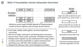 44
44
RISC-V Foundation Vector Extension Overview
v0[0]
v1[0]
v31[0]
v0[1]
v1[1]
v31[1]
V0[VLMAX-1]
v1[VLMAX-1]
v31[VLMAX-1]
32 vector
registers
vtype
vl
Vector length CSR sets number of
elements active in each instruction
Vtype sets width of element in each
vector register (e.g., 16-bit, 32-bit, …)
Maximum vector length (VLMAX) depends on implementation,
number of vector registers used, and type of each element.
• Unit-stride, strided, scatter-gather, structure load/store
instructions
• Rich set of integer, fixed-point, and floating-point instructions
• Vector-vector, vector-scalar, and vector-immediate instructions
• Multiple vector registers can be combined to form longer vectors
to reduce instruction bandwidth or support mixed-precision
operations (e.g., 16b*16b->32b multiply-accumulate)
• Designed for extension with custom datatypes and widths
vstart
Resumption element after trap
Vector
CSRs
fcsr (vxrm/vxsat)
Fixed-point rounding mode and
saturation flag fields in FP CSR
 