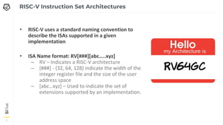 7
7
7
RISC-V Instruction Set Architectures
• RISC-V uses a standard naming convention to
describe the ISAs supported in a given
implementation
• ISA Name format: RV[###][abc…..xyz]
– RV – Indicates a RISC-V architecture
– [###] - {32, 64, 128} indicate the width of the
integer register file and the size of the user
address space
– [abc…xyz] – Used to indicate the set of
extensions supported by an implementation.
 