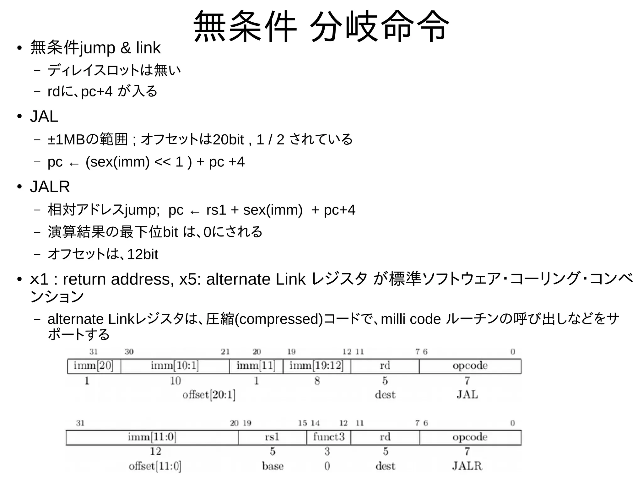 無条件 分岐命令● 無条件jump & link
– ディレイスロットは無い
– rdに、pc+4 が入る
●
JAL
– ±1MBの範囲 ; オフセットは20bit , 1 / 2 されている
– pc ← (sex(imm) << 1 ) + pc +4
● JALR
– 相対アドレスjump; pc ← rs1 + sex(imm) + pc+4
– 演算結果の最下位bit は、0にされる
– オフセットは、12bit
●
ｘ1 : return address, x5: alternate Link レジスタ が標準ソフトウェア・コーリング・コンベ
ンション
– alternate Linkレジスタは、圧縮(compressed)コードで、milli code ルーチンの呼び出しなどをサ
ポートする
 