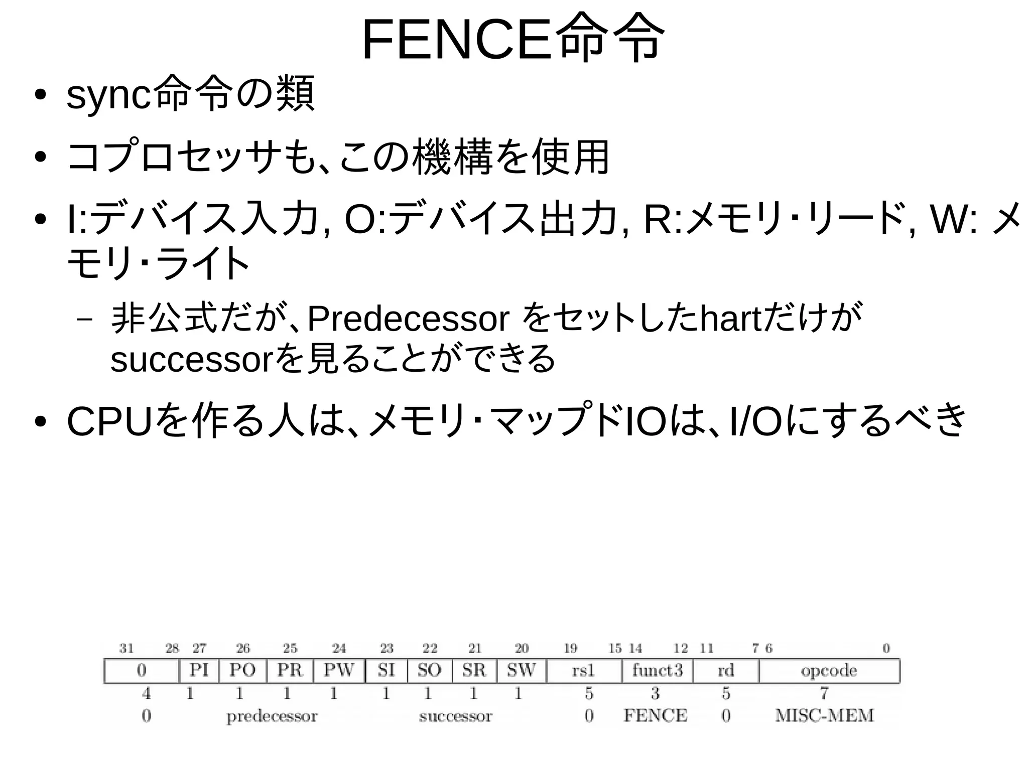 FENCE命令
● sync命令の類
●
コプロセッサも、この機構を使用
● I:デバイス入力, O:デバイス出力, R:メモリ・リード, W: メ
モリ・ライト
– 非公式だが、Predecessor をセットしたhartだけが
successorを見ることができる
● CPUを作る人は、メモリ・マップドIOは、I/Oにするべき
 