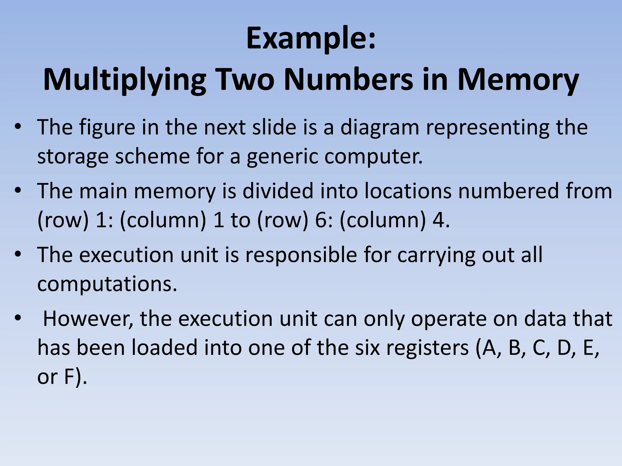 Example:
Multiplying Two Numbers in Memory
• The figure in the next slide is a diagram representing the
storage scheme for a generic computer.
• The main memory is divided into locations numbered from
(row) 1: (column) 1 to (row) 6: (column) 4.
• The execution unit is responsible for carrying out all
computations.
• However, the execution unit can only operate on data that
has been loaded into one of the six registers (A, B, C, D, E,
or F).
 