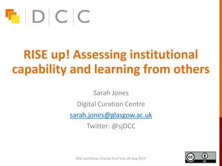 RISE up! Assessing institutional
capability and learning from others
Sarah Jones
Digital Curation Centre
sarah.jones@glasgow.ac.uk
Twitter: @sjDCC
RISE workshop, Charles Sturt Uni, 26 Aug 2019
 