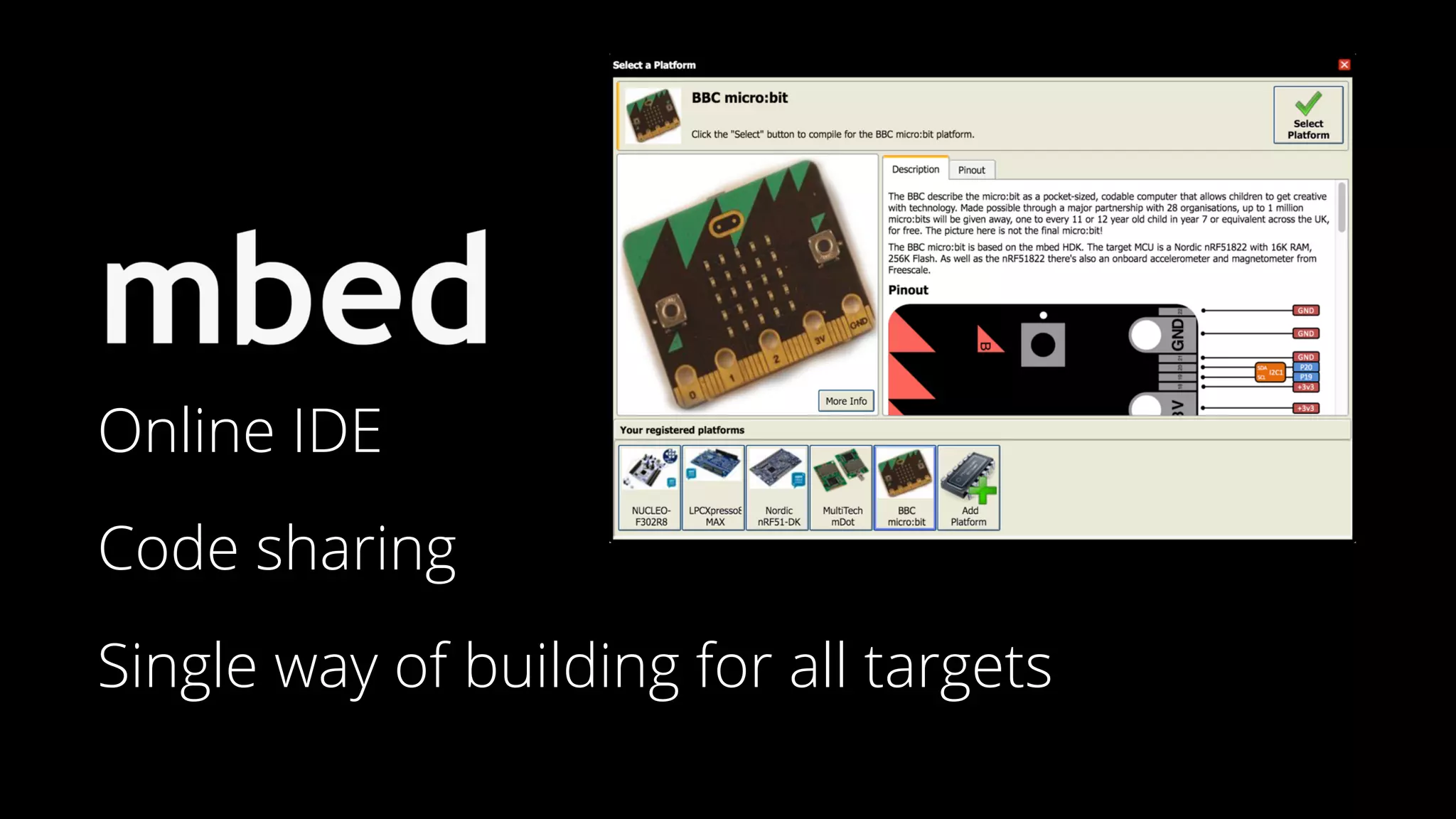 Online IDE
Code sharing
Single way of building for all targets
 