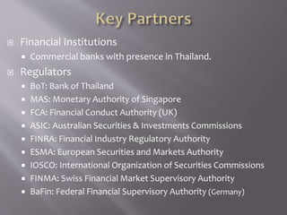  Financial Institutions
 Commercial banks with presence in Thailand.
 Regulators
 BoT: Bank of Thailand
 MAS: Monetary Authority of Singapore
 FCA: Financial Conduct Authority (UK)
 ASIC: Australian Securities & Investments Commissions
 FINRA: Financial Industry Regulatory Authority
 ESMA: European Securities and Markets Authority
 IOSCO: International Organization of Securities Commissions
 FINMA: Swiss Financial Market Supervisory Authority
 BaFin: Federal Financial Supervisory Authority (Germany)
 