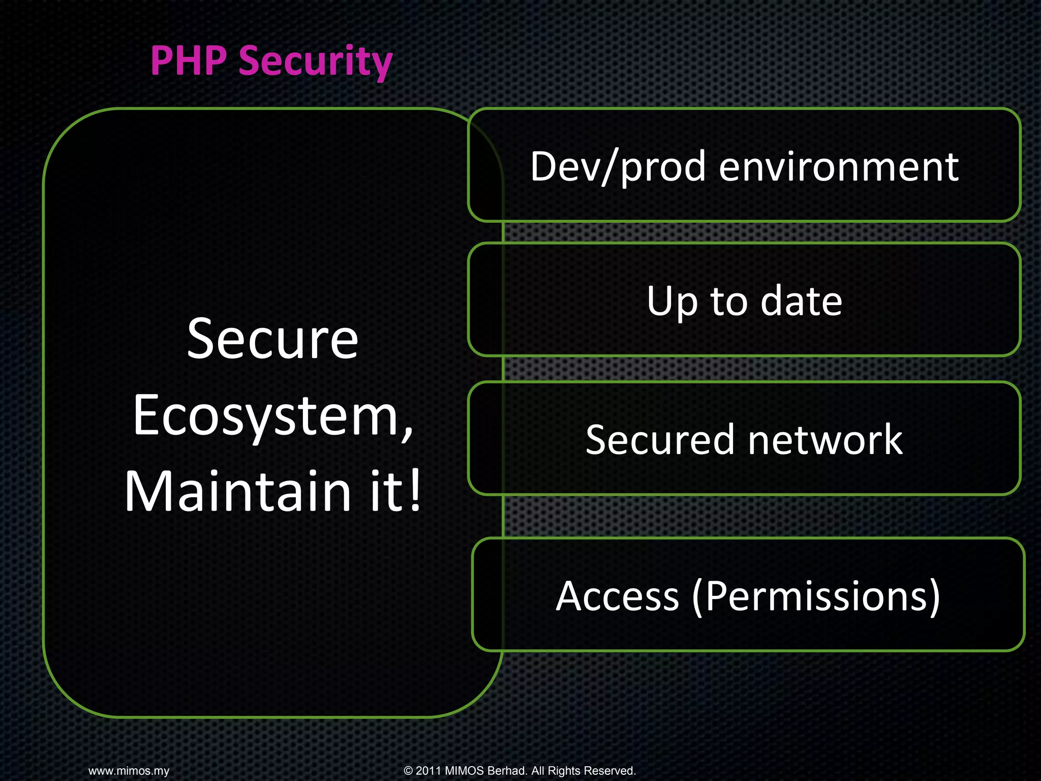 PHP Security

                                             Dev/prod environment

                                                                   Up to date
      Secure
    Ecosystem,                                        Secured network
    Maintain it!
                                                 Access (Permissions)


www.mimos.my           © 2011 MIMOS Berhad. All Rights Reserved.
 