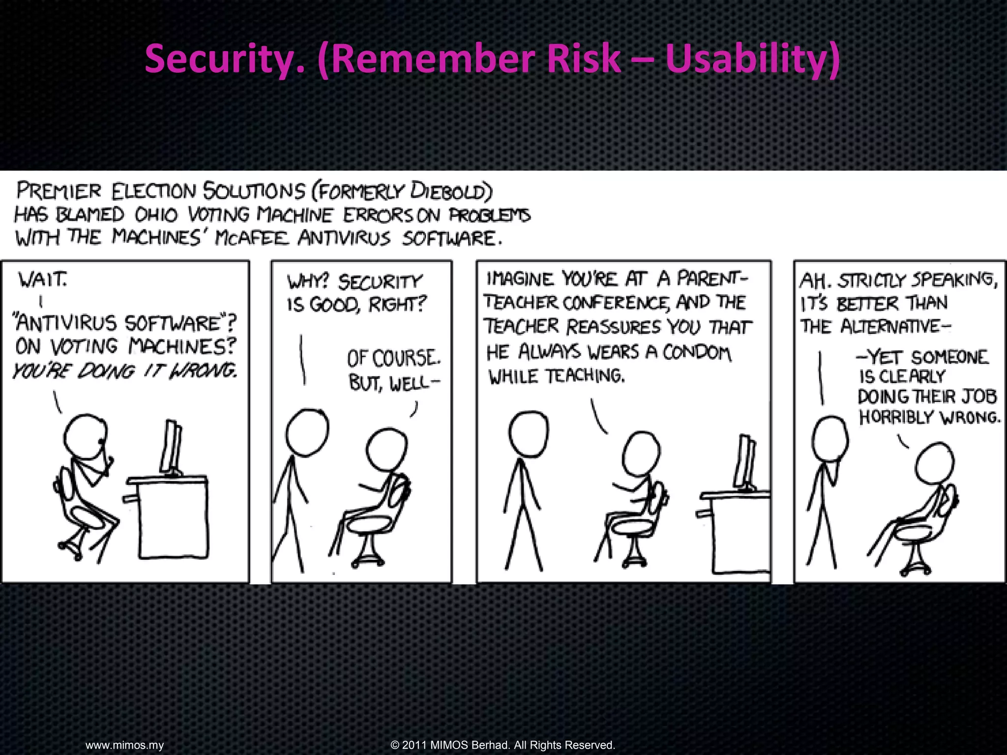 Security. (Remember Risk – Usability)




www.mimos.my         © 2011 MIMOS Berhad. All Rights Reserved.
 