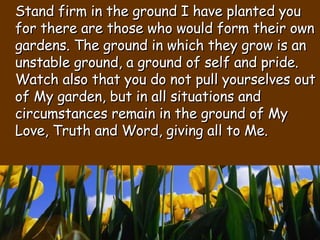 Stand firm in the ground I have planted you for there are those who would form their own gardens. The ground in which they grow is an unstable ground, a ground of self and pride. Watch also that you do not pull yourselves out of My garden, but in all situations and circumstances remain in the ground of My Love, Truth and Word, giving all to Me. 