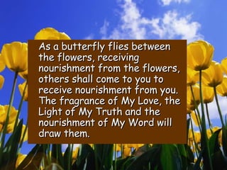 As a butterfly flies between the flowers, receiving nourishment from the flowers, others shall come to you to receive nourishment from you. The fragrance of My Love, the Light of My Truth and the nourishment of My Word will draw them. 