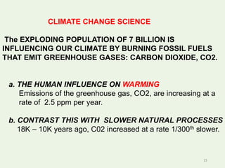 CLIMATE CHANGE SCIENCE
The EXPLODING POPULATION OF 7 BILLION IS
INFLUENCING OUR CLIMATE BY BURNING FOSSIL FUELS
THAT EMIT GREENHOUSE GASES: CARBON DIOXIDE, CO2.
a. THE HUMAN INFLUENCE ON WARMING
Emissions of the greenhouse gas, CO2, are increasing at a
rate of 2.5 ppm per year.
b. CONTRAST THIS WITH SLOWER NATURAL PROCESSES
18K – 10K years ago, C02 increased at a rate 1/300th slower.
15
 